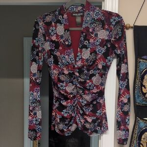 Bisou Bisou Burgundy Multi Floral Ruched V-Neck Long Sleeve Top